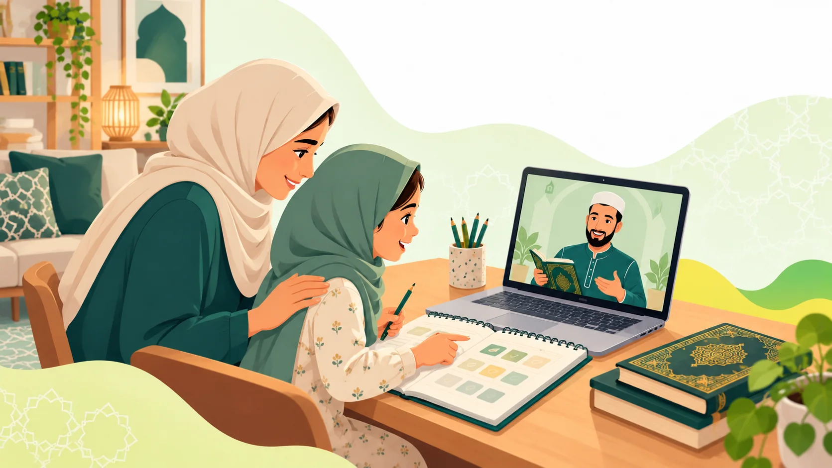 Noorani Qaida Course in the United Kingdom: illustration of a child learning Noorani Qaida reading foundations with parent support and an online Quran tutor