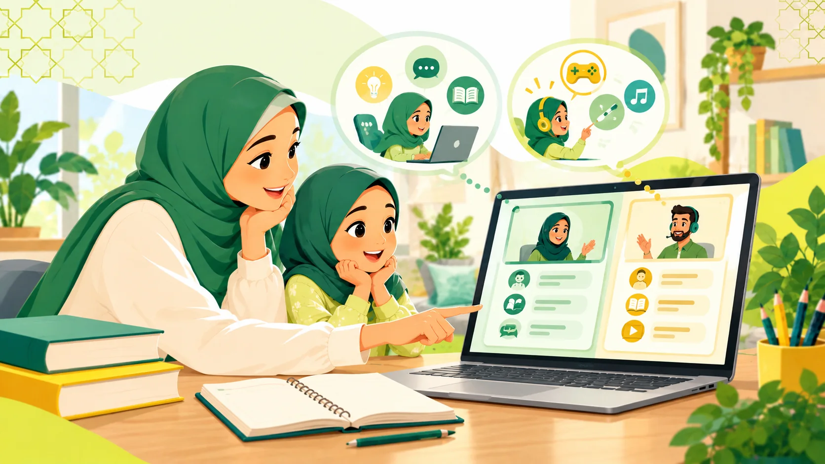 Online Arabic Academy For Kids in the United States: illustration of a child learning Arabic with an age-appropriate activity, parent support and an online tutor