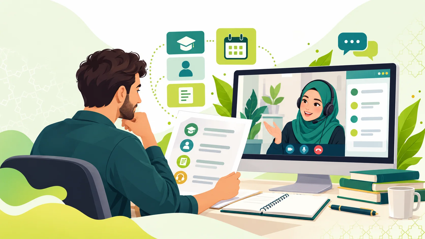 Online Arabic Academy in the United States: illustration of an adult learner comparing an online Arabic study plan with a live tutor