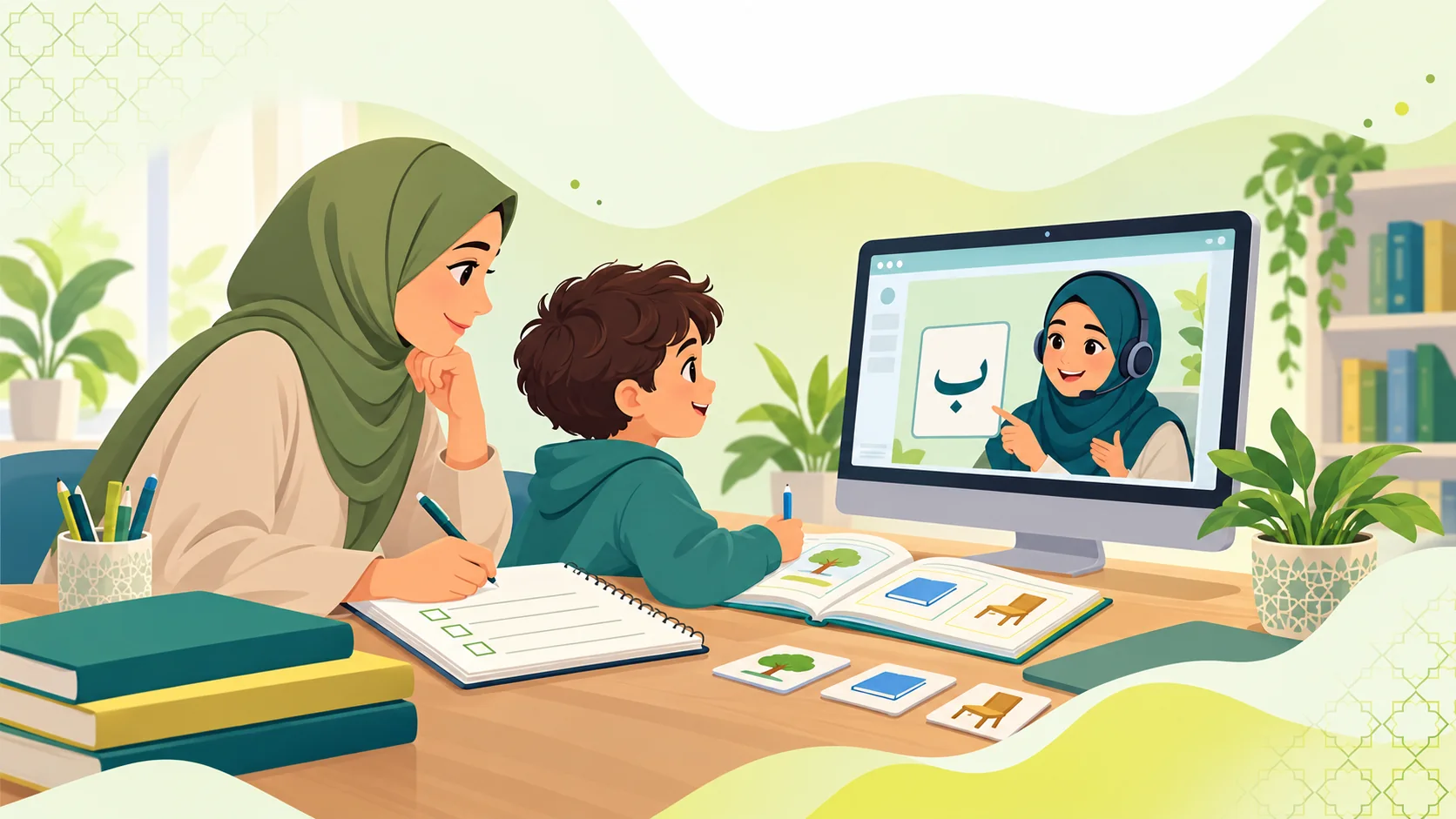 Online Arabic Classes For Kids in the United Kingdom: illustration of a child learning Arabic with an age-appropriate activity, parent support and an online tutor
