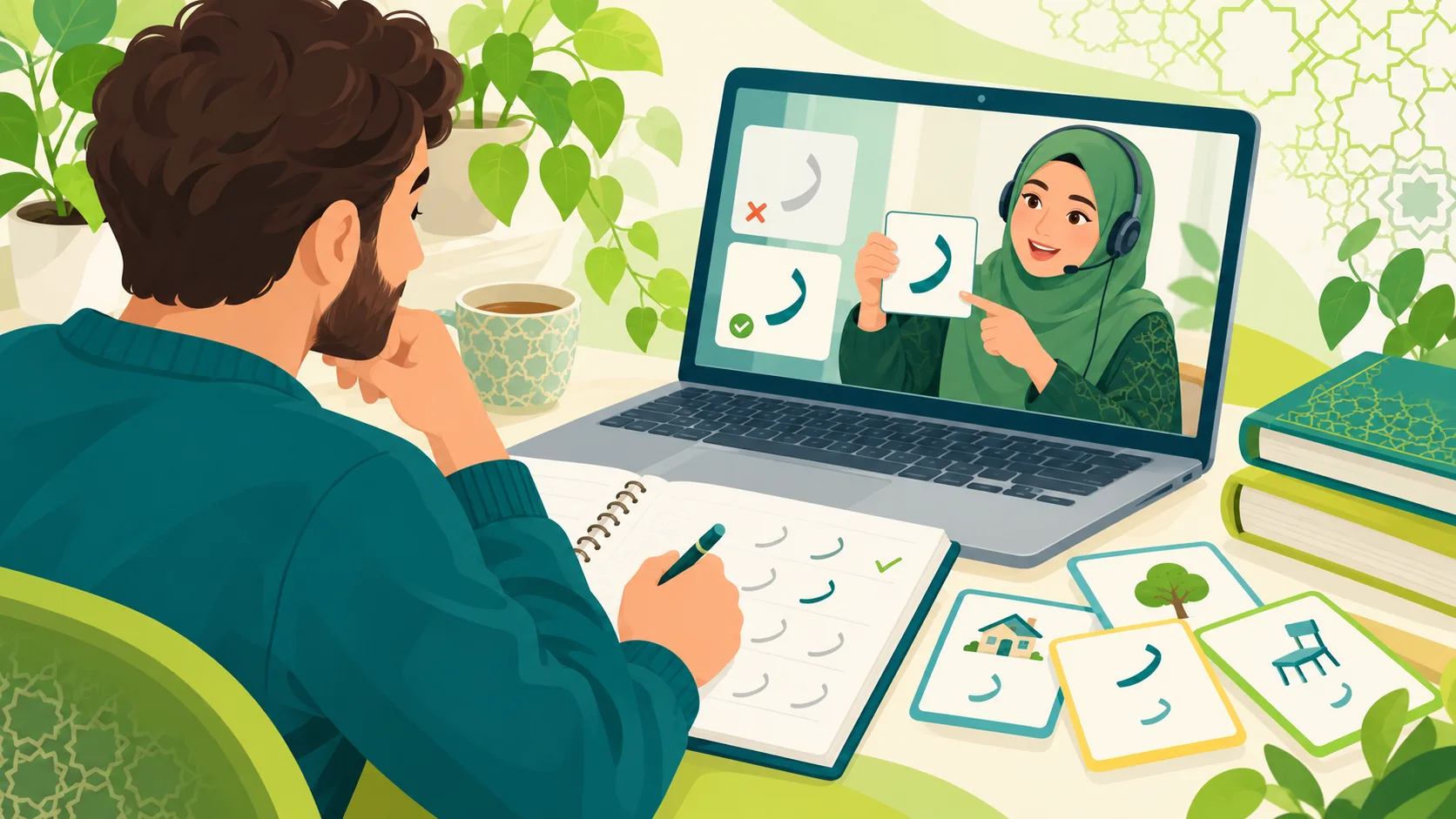 Online Arabic Classes in the United Kingdom: illustration of an adult learner comparing an online Arabic study plan with a live tutor