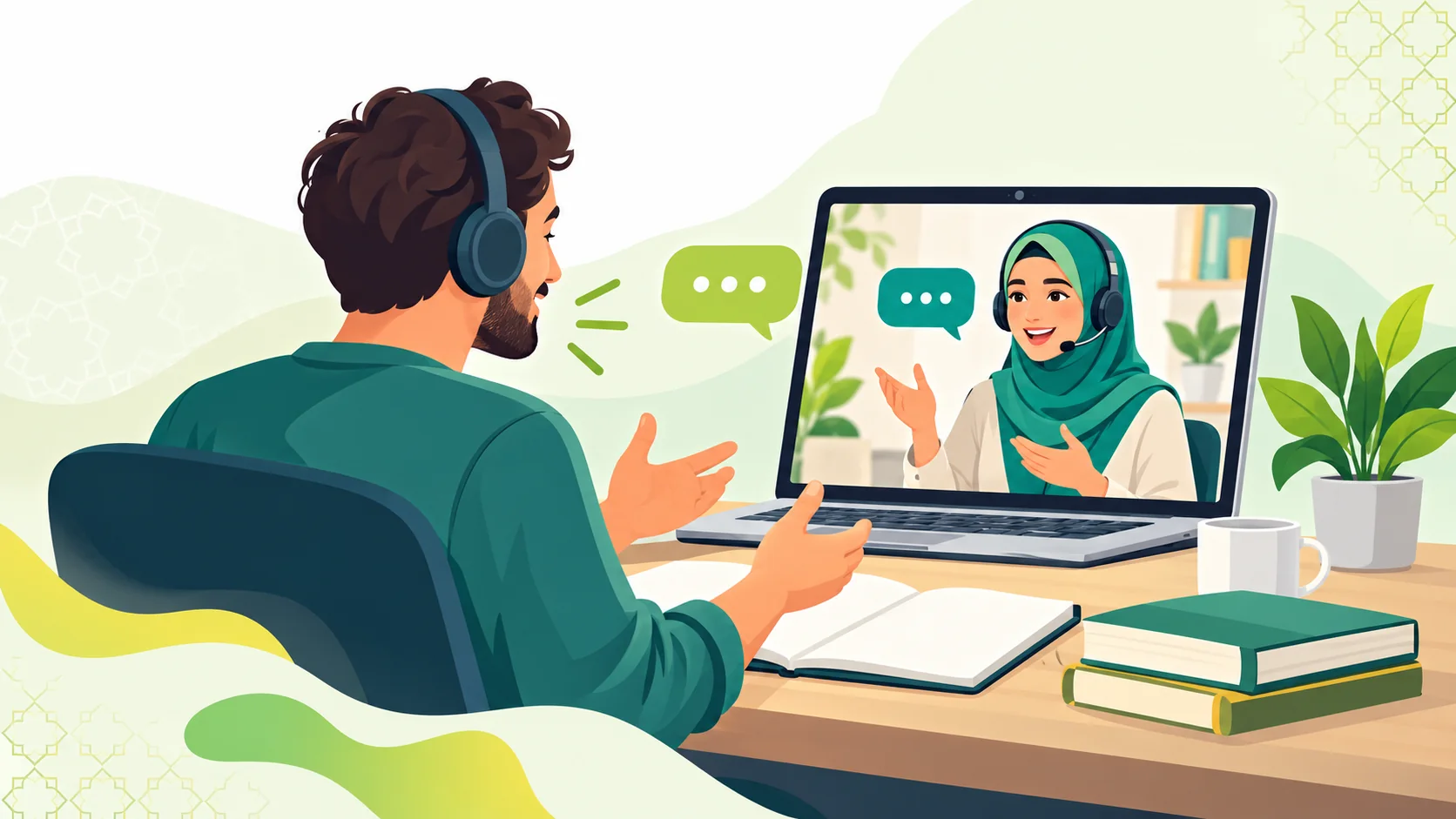 Online Arabic Conversation Classes in the United States: illustration of an adult learner practising spoken Arabic in a live online conversation