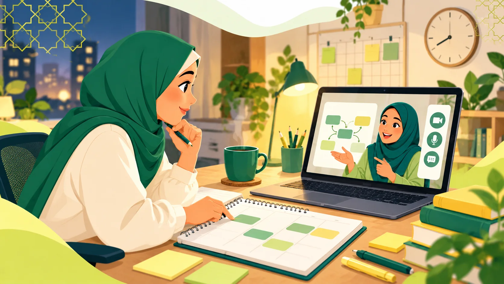Online Arabic Course For Adults in the United States: illustration of an adult learner comparing an online Arabic study plan with a live tutor