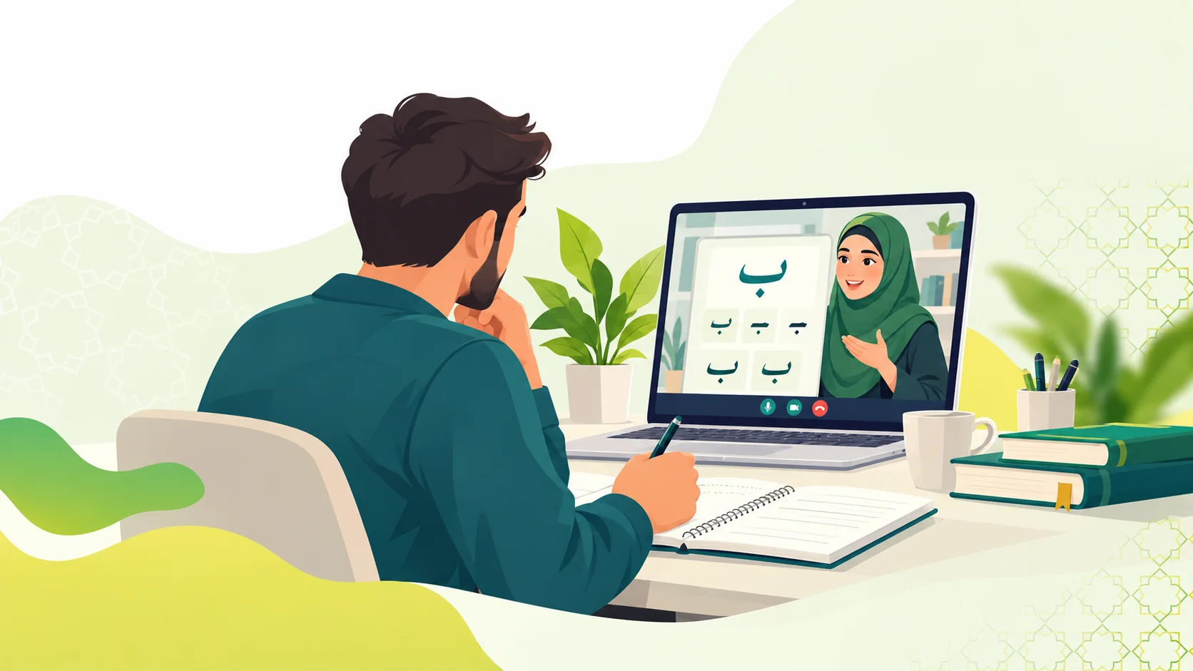 Online Arabic Course For Beginners in the United Kingdom: illustration of a beginner learner building Arabic script and language foundations with a tutor