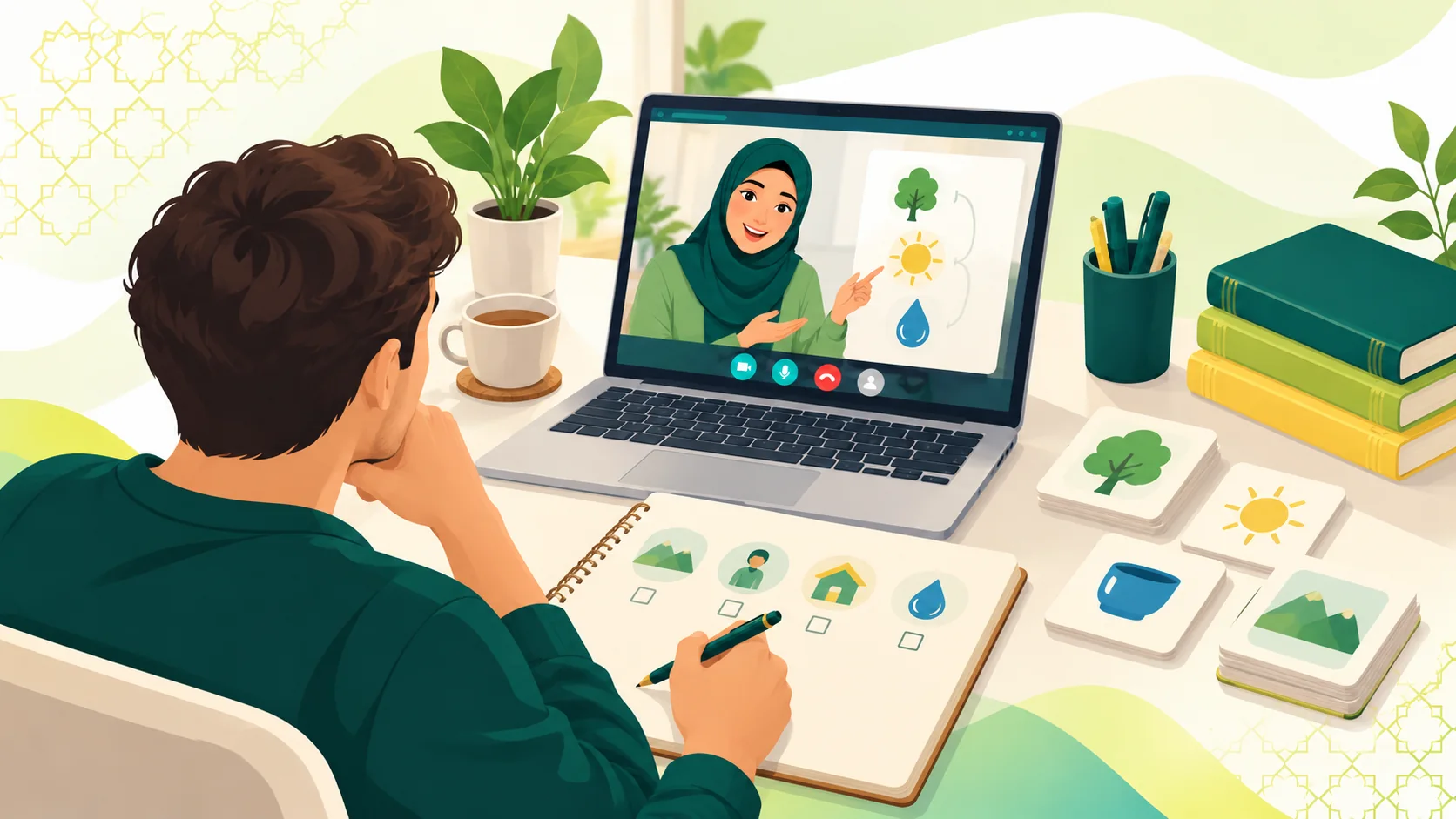 Online Arabic Course For Non Native Speakers in the United States: illustration of an adult learner comparing an online Arabic study plan with a live tutor