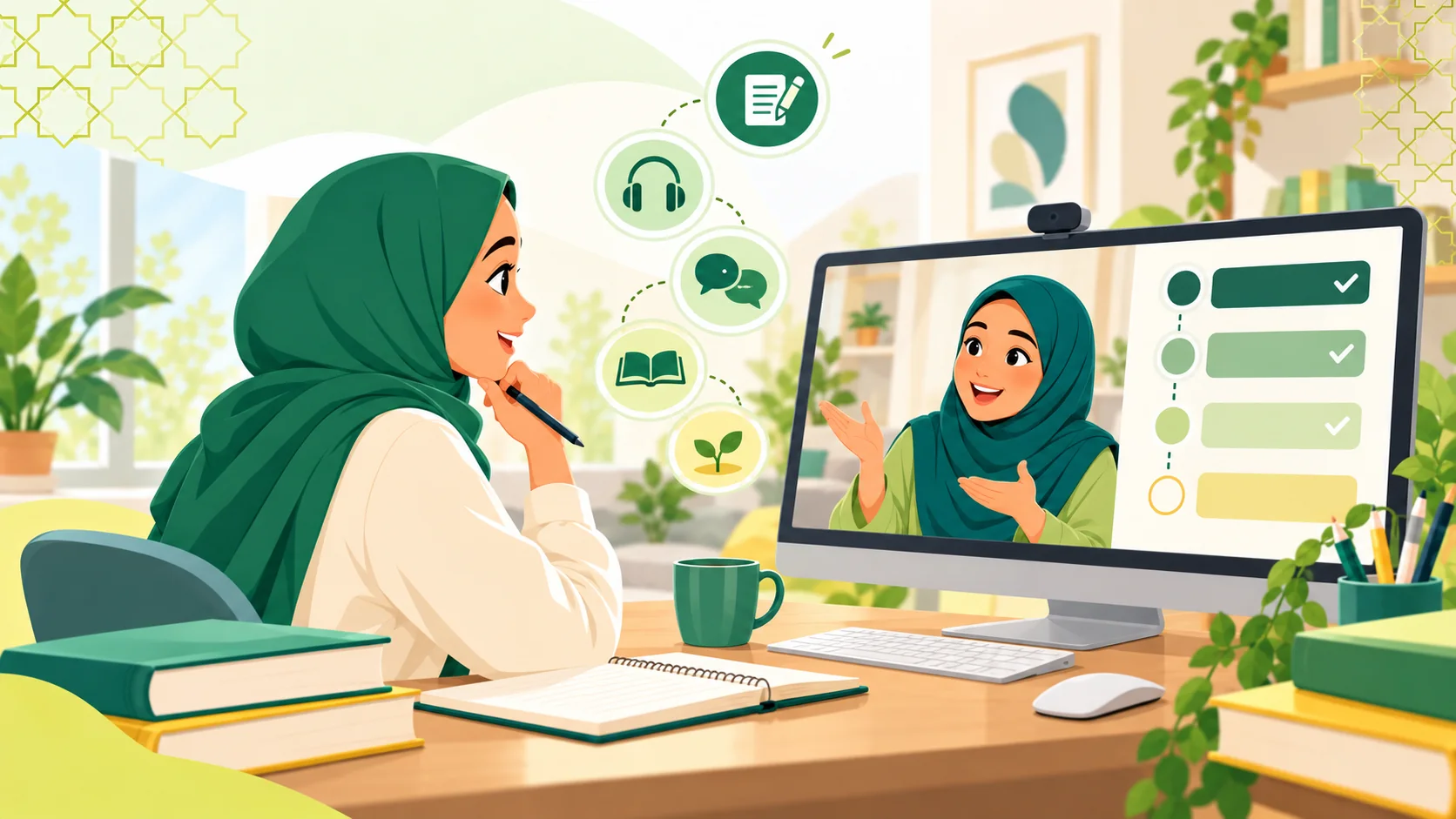 Online Arabic Courses in the United Kingdom: illustration of an adult learner comparing an online Arabic study plan with a live tutor