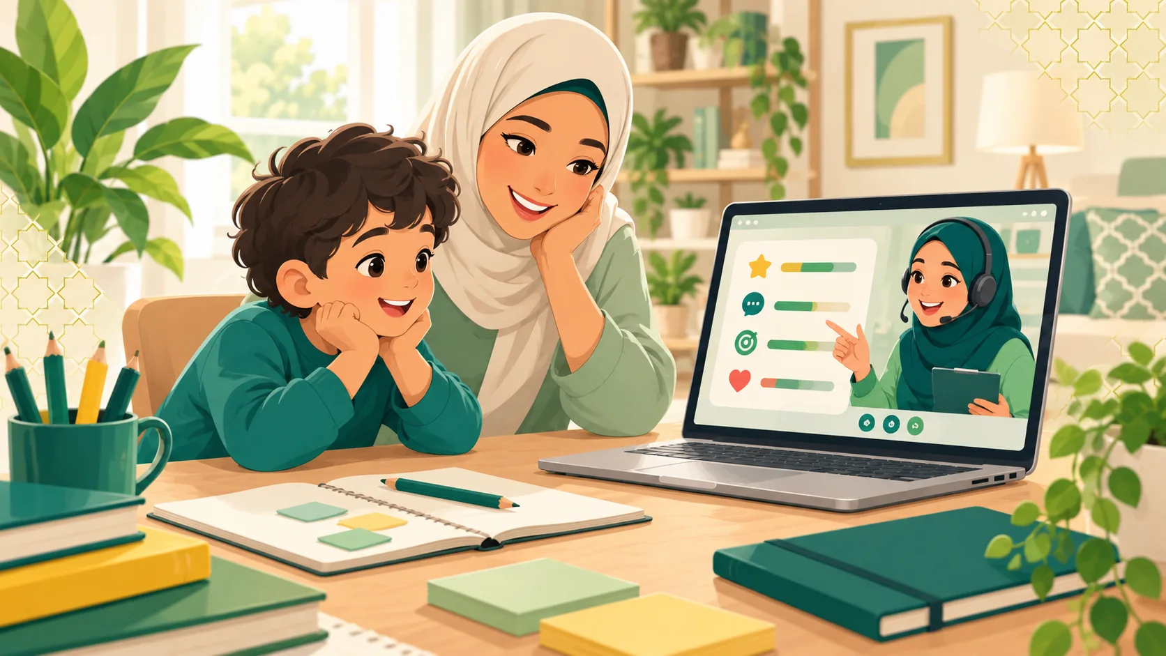 Online Arabic Lessons For Kids in the United States: illustration of a child learning Arabic with an age-appropriate activity, parent support and an online tutor