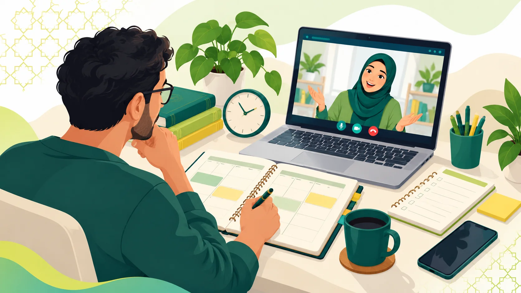 Online Arabic Tutor in the United States: illustration of an adult learner comparing an online Arabic study plan with a live tutor