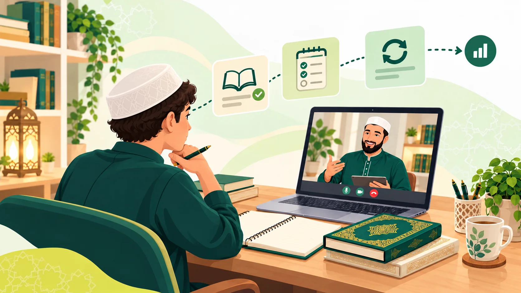 Online Hifz Academy in the United States: illustration of a learner reviewing a Quran memorization and revision plan with a tutor
