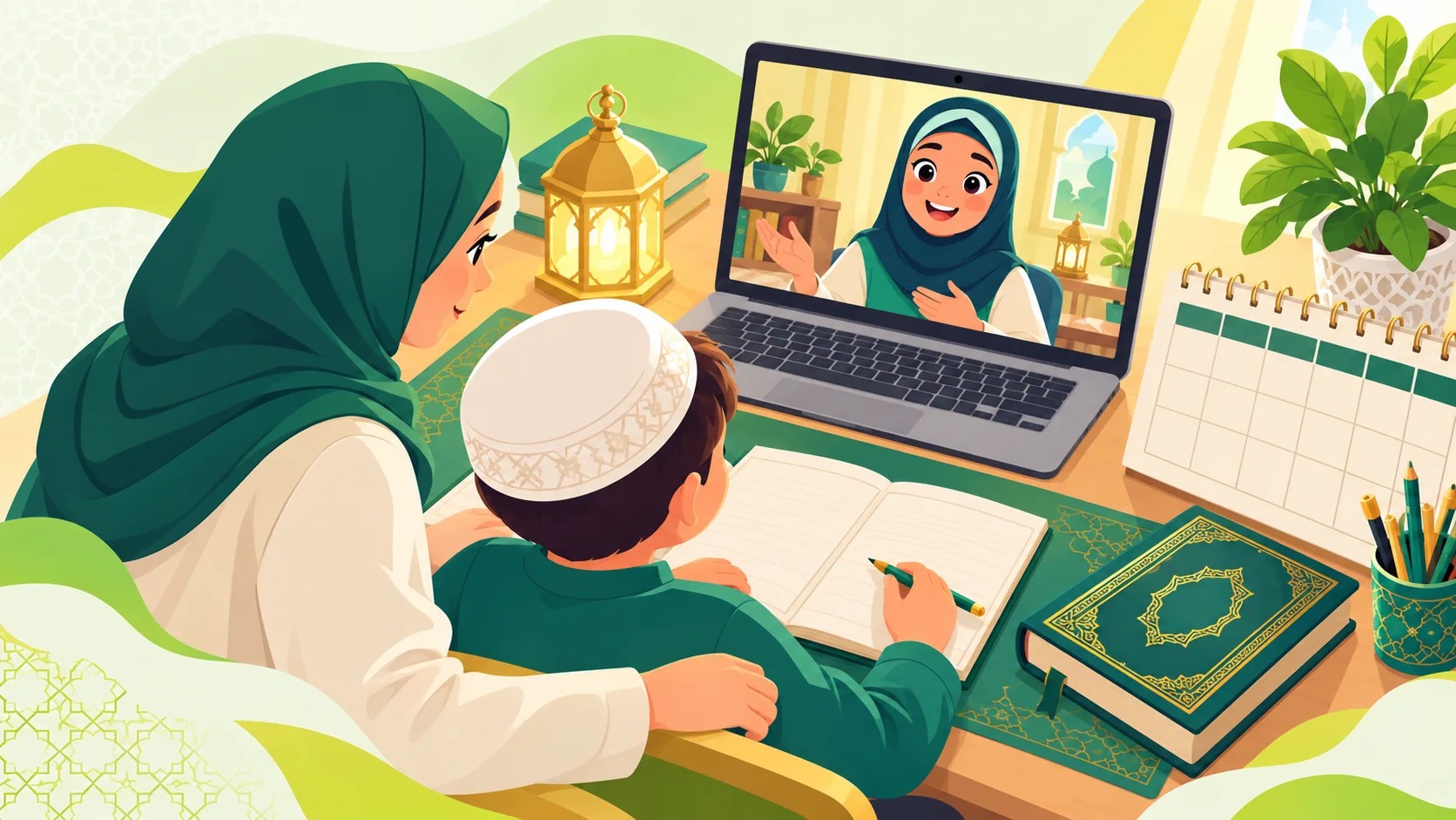 Illustration of child learner and parent collaborating at a friendly home study table for Quran learners in the United States