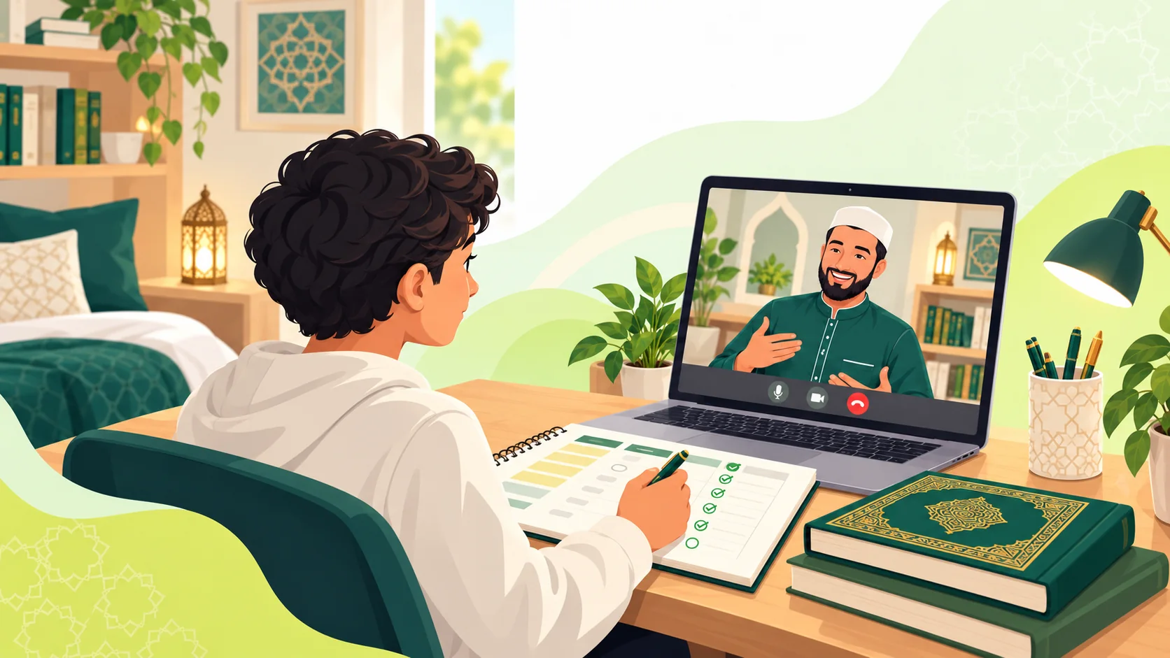 Online Hifz Classes in the United Kingdom: illustration of a learner reviewing a Quran memorization and revision plan with a tutor