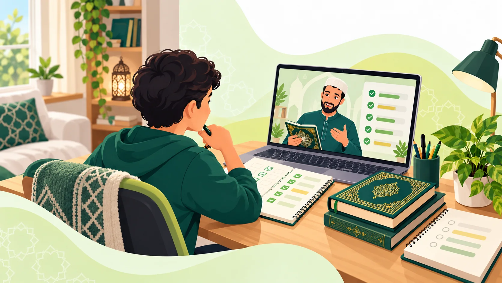 Online Hifz Course in the United Kingdom: illustration of a learner reviewing a Quran memorization and revision plan with a tutor