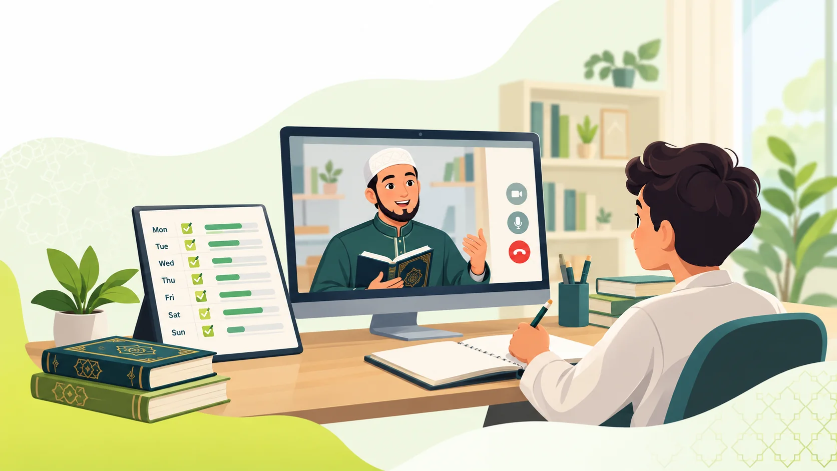 Online Hifz Program in the United States: illustration of a learner reviewing a Quran memorization and revision plan with a tutor