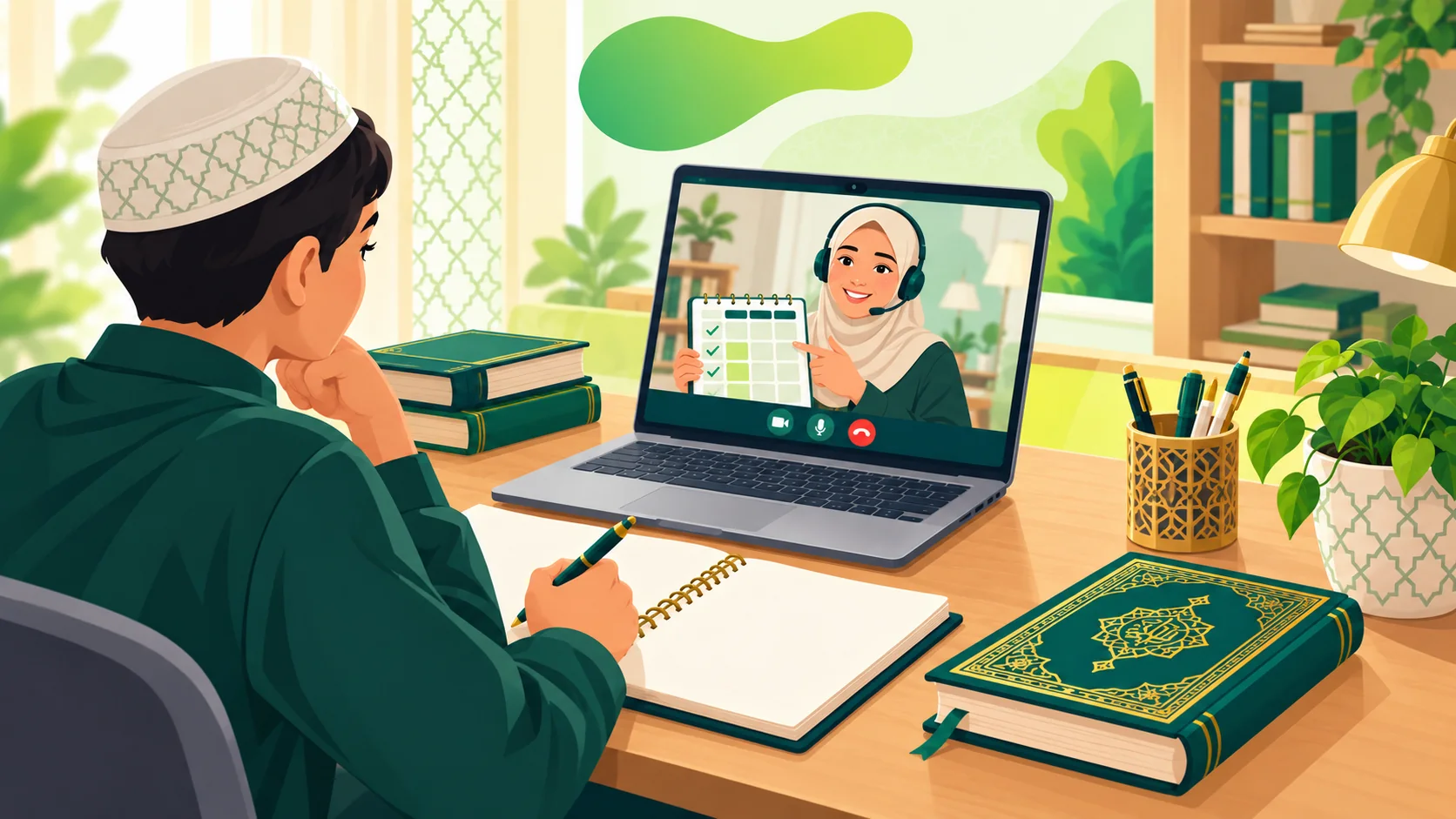 Online Hifz Ul Quran Course in the United States: illustration of a learner reviewing a Quran memorization and revision plan with a tutor