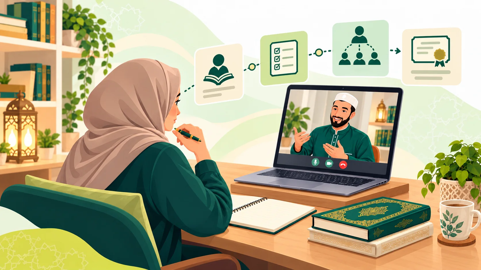 Online Ijazah Course in the United States: illustration of an advanced Quran learner studying Qirat with an online specialist tutor