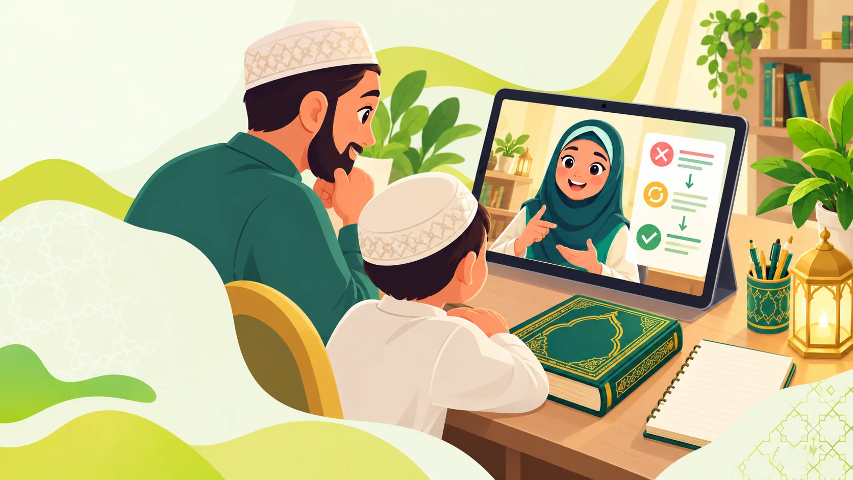 Illustration of learner and tutor discussing progress beside an ornate closed book for Quran learners in the United States