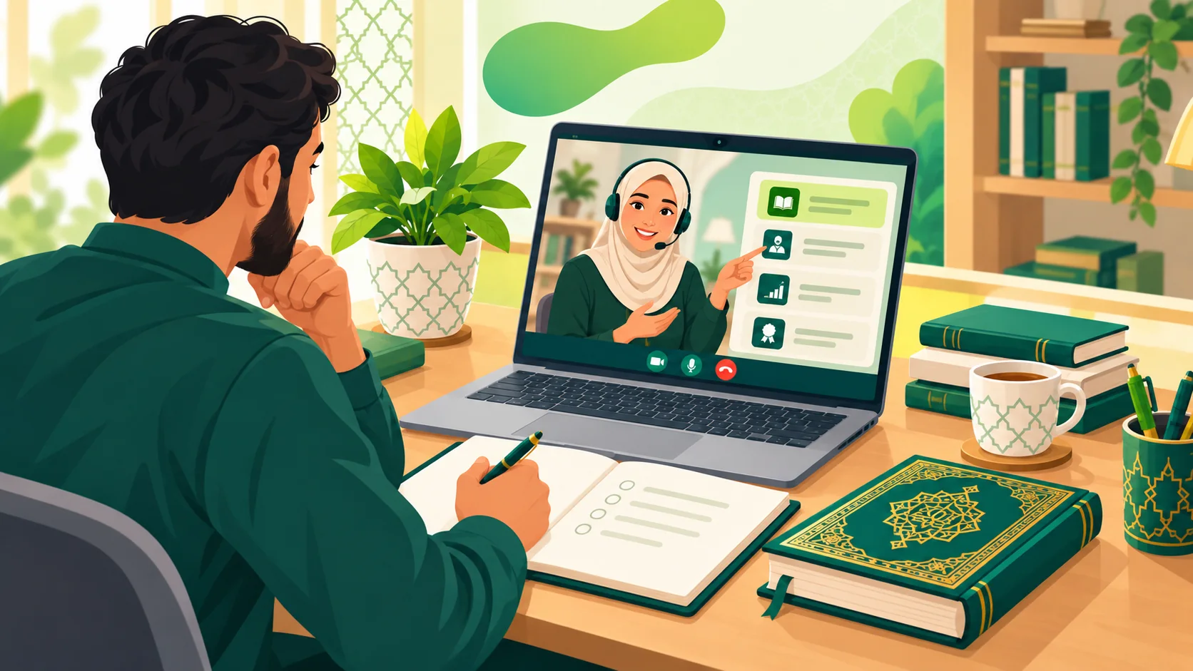 Online Quran Academy in the United States: illustration of a learner and tutor discussing the right online Quran course and next learning step