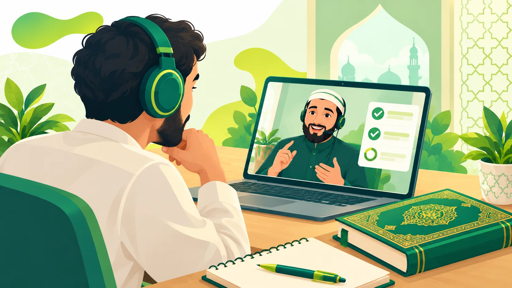 Illustration of learner and tutor discussing progress beside an ornate closed book for Quran learners in the United States
