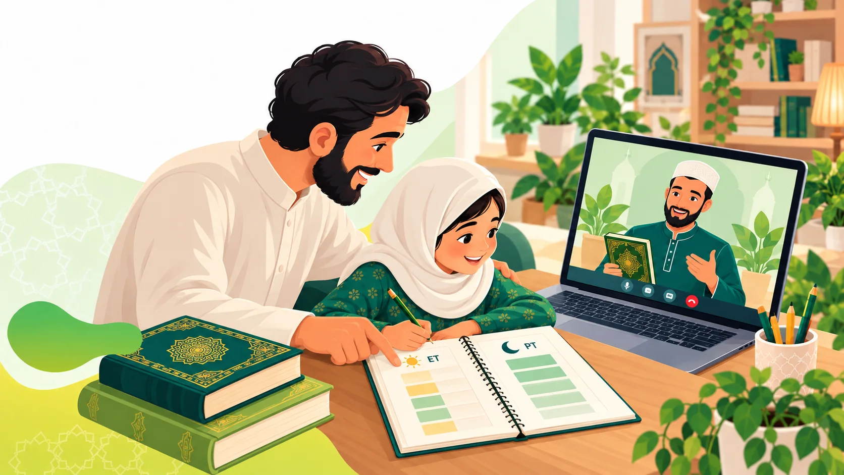 Online Quran Class For Kids in the United States: illustration of a child practising Quran reading with parent support and an online Quran tutor