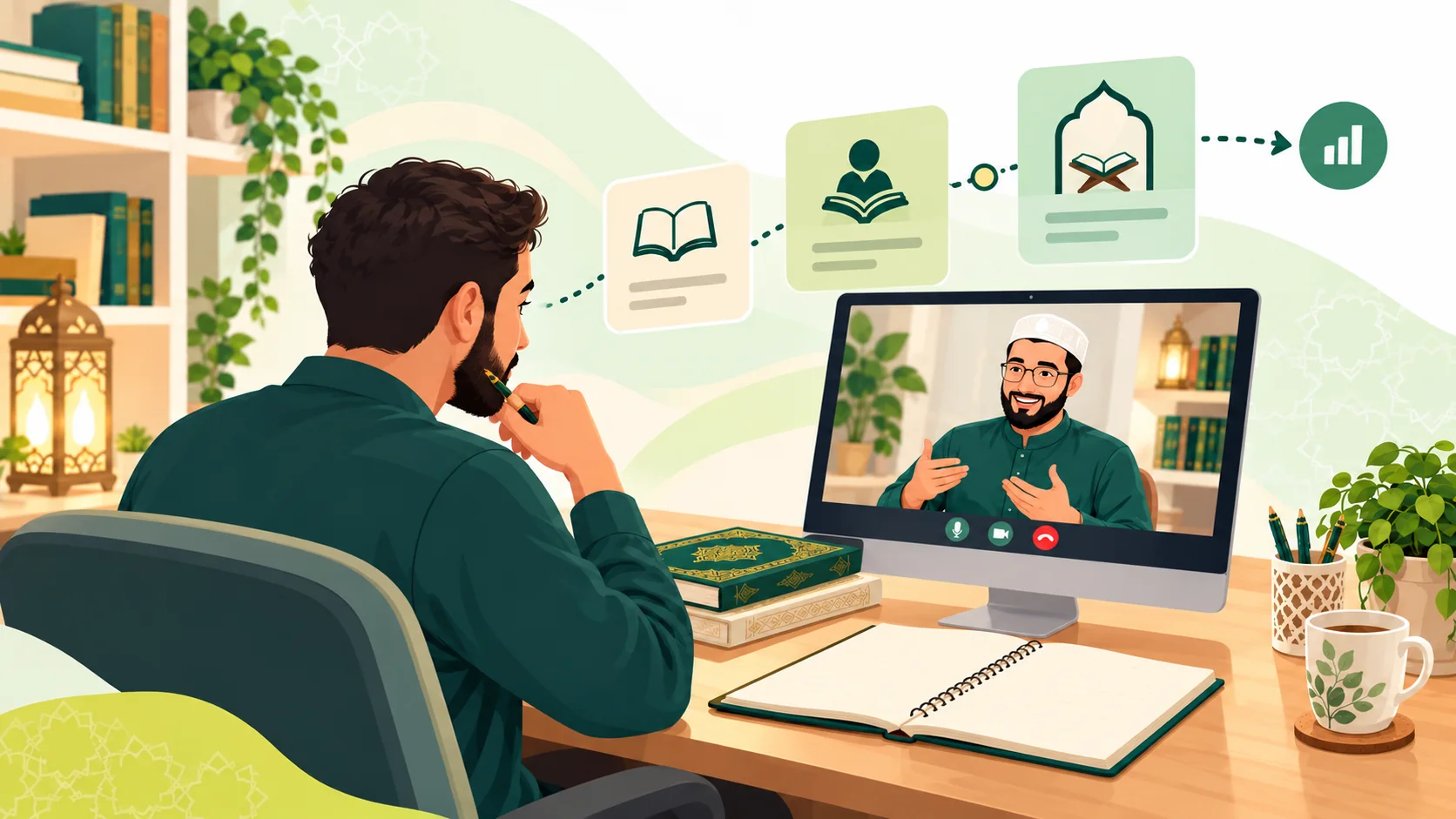 Online Quran Class in the United States: illustration of a learner and tutor discussing the right online Quran course and next learning step