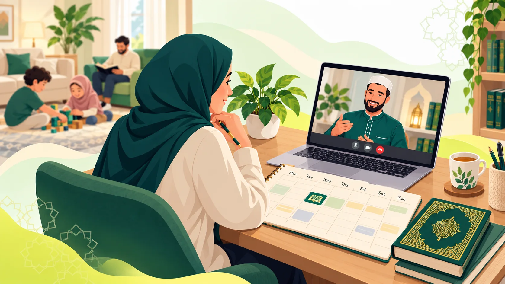 Online Quran Classes in the United Kingdom: illustration of a learner and tutor discussing the right online Quran course and next learning step