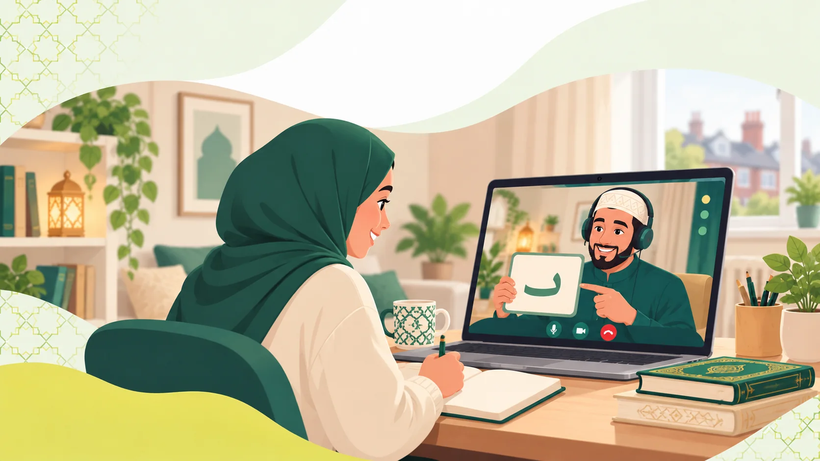 Online Quran Classes For Beginners in the United Kingdom: illustration of a learner building Quran reading foundations in a guided online lesson