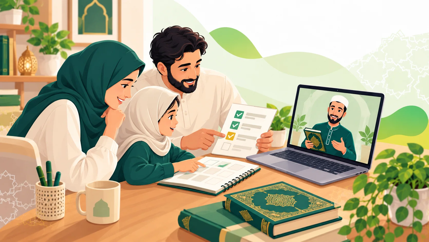 Online Quran Classes For Children in the United Kingdom: illustration of a child practising Quran reading with parent support and an online Quran tutor