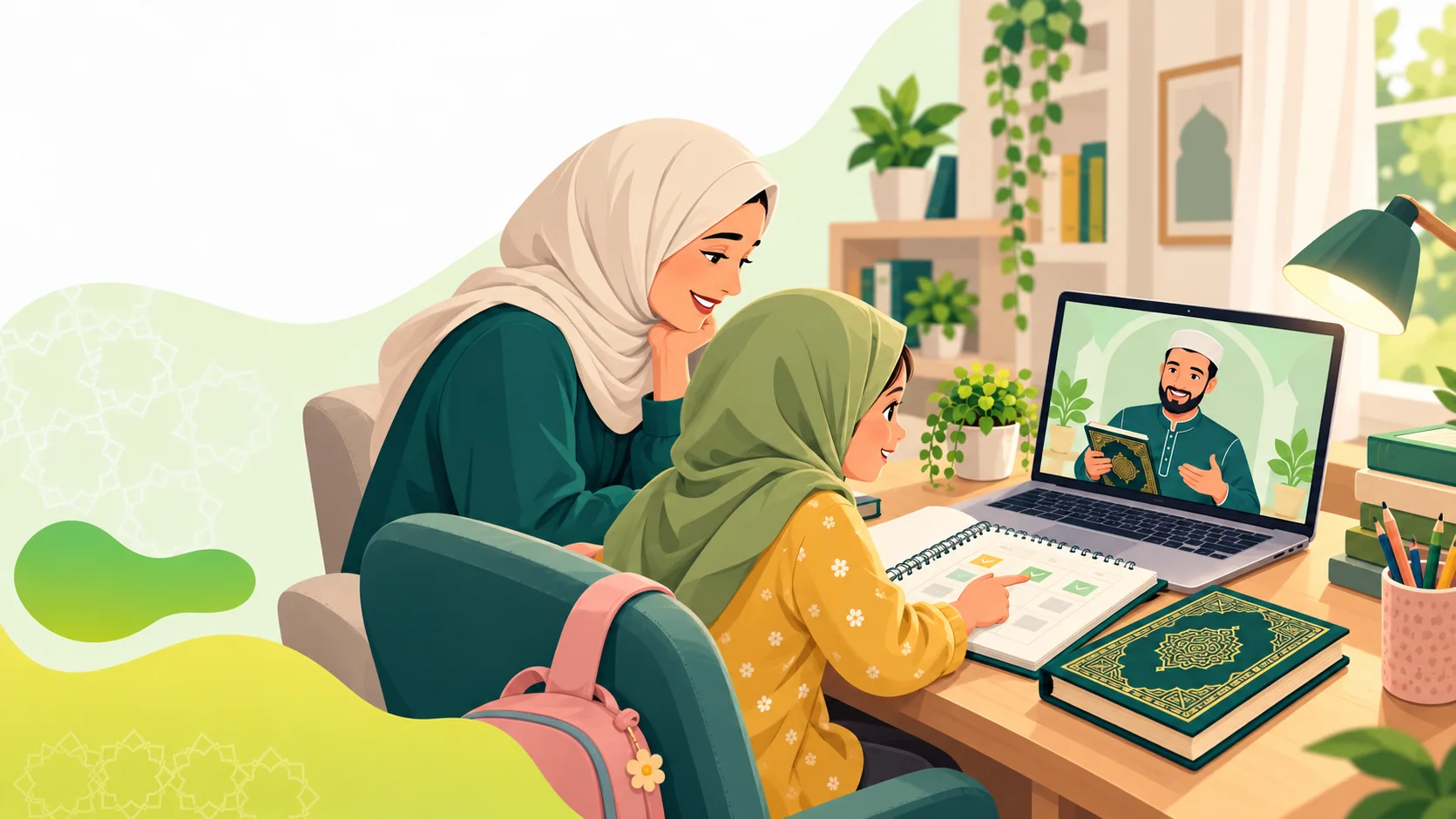 Online Quran Classes For Kids in the United Kingdom: illustration of a child practising Quran reading with parent support and an online Quran tutor