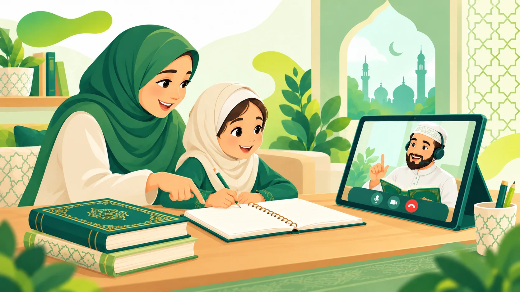 Online Quran Course For Kids in the United States: illustration of a child practising Quran reading with parent support and an online Quran tutor
