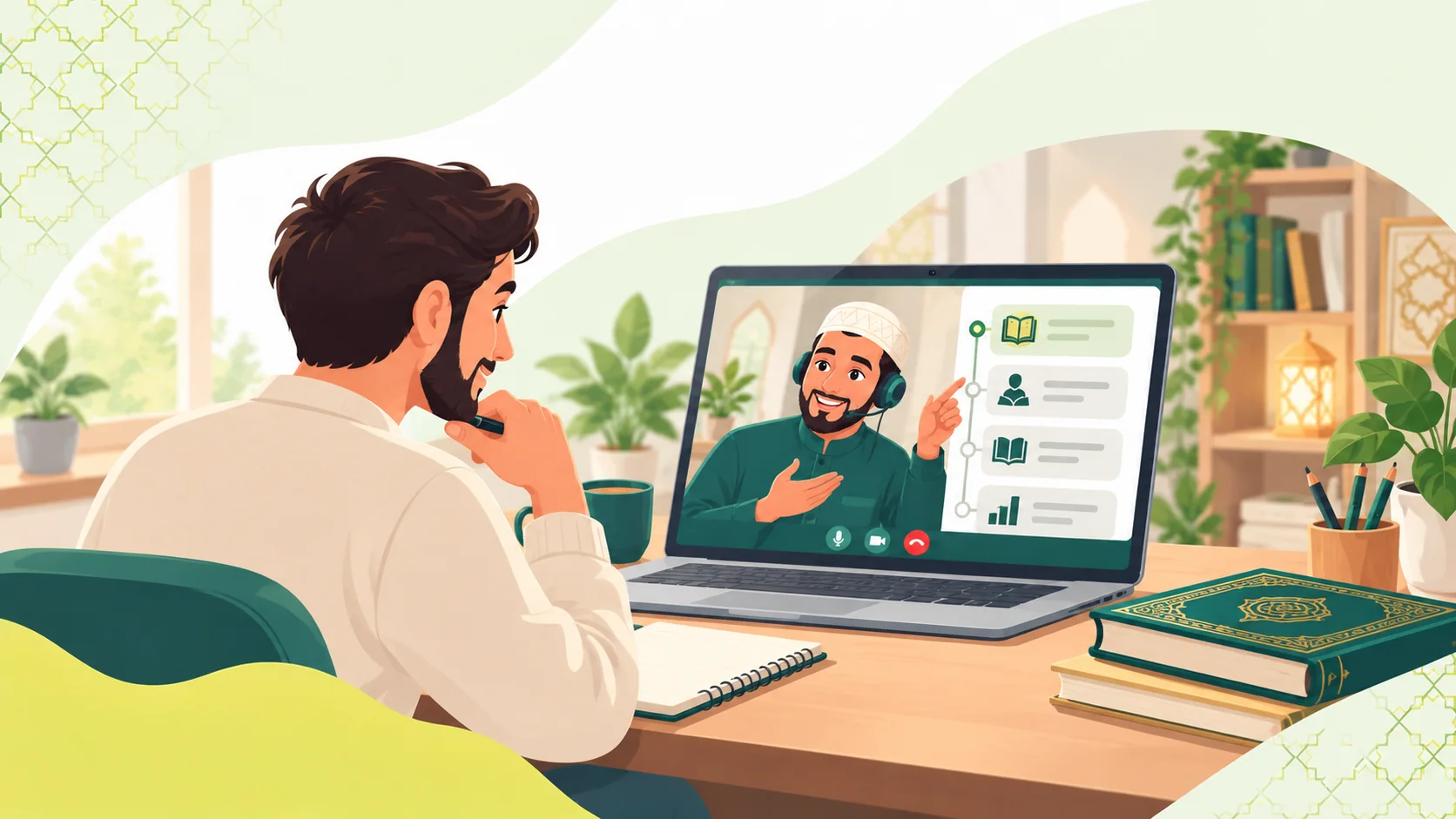 Online Quran Course in the United Kingdom: illustration of a learner and tutor discussing the right online Quran course and next learning step