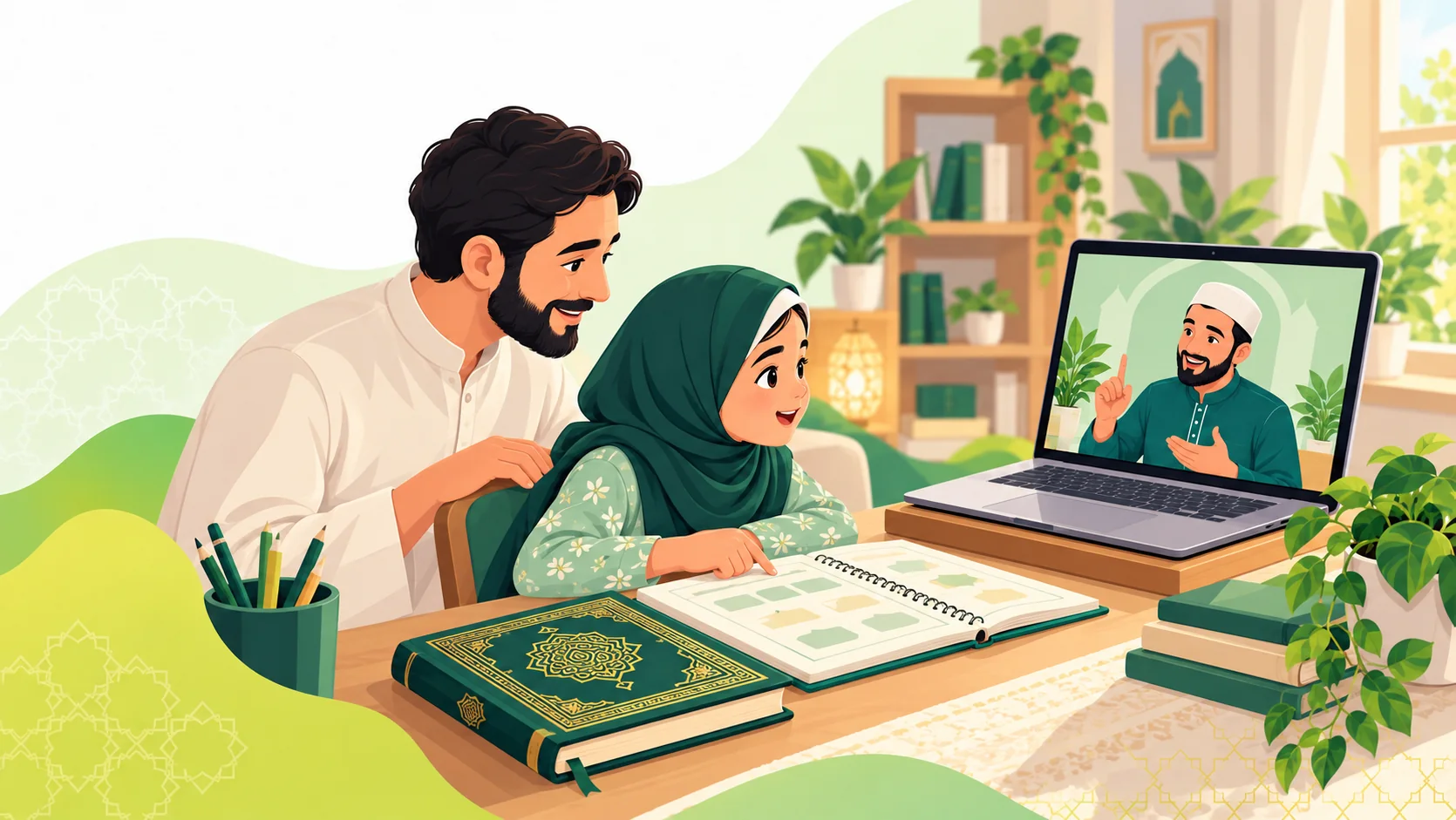 Online Quran Learning For Kids in the United Kingdom: illustration of a child practising Quran reading with parent support and an online Quran tutor