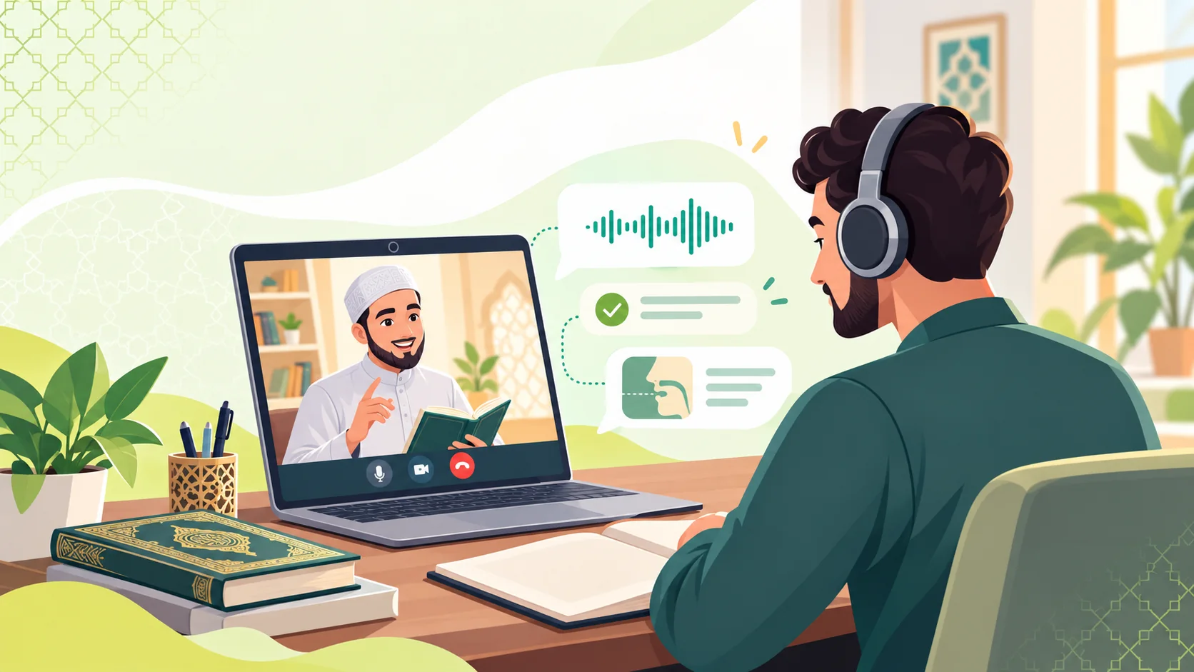 Online Quran Lessons in the United Kingdom: illustration of a learner practising Quran recitation and Tajweed with individual tutor feedback