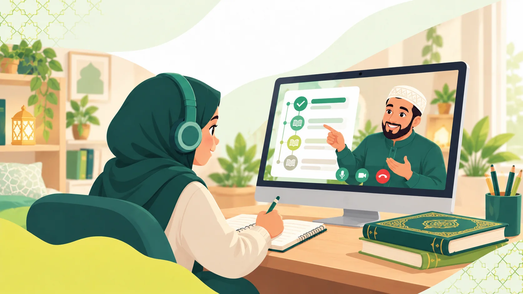 Online Quran Memorization Classes in the United Kingdom: illustration of a learner reviewing a Quran memorization and revision plan with a tutor