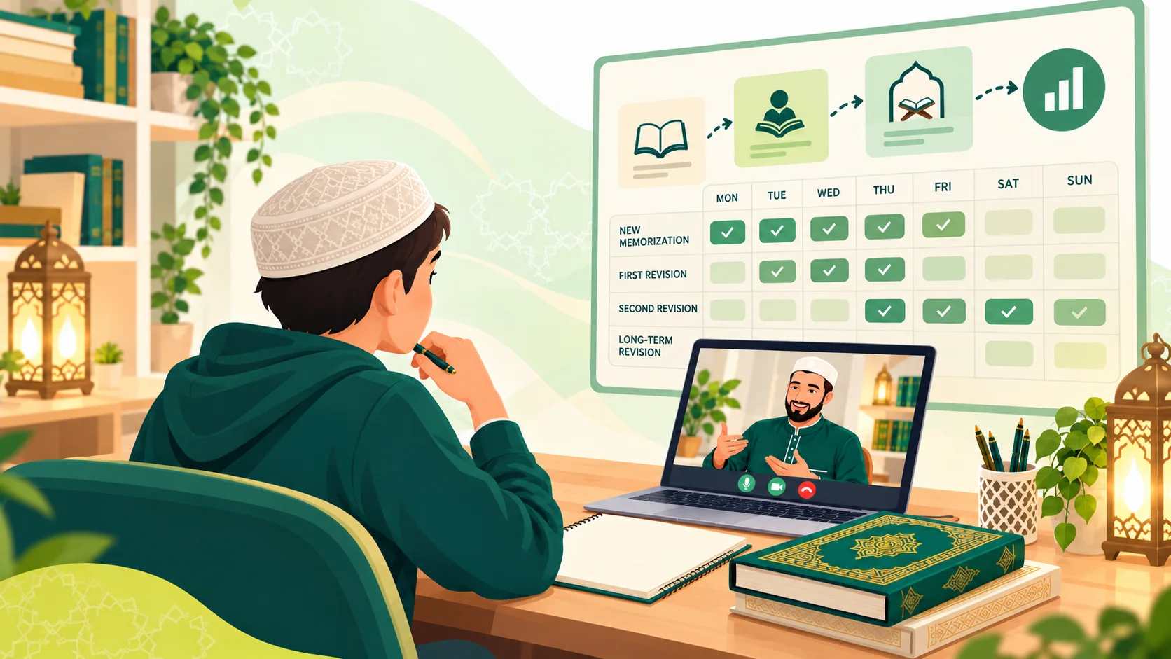 Online Quran Memorization Course in the United States: illustration of a learner reviewing a Quran memorization and revision plan with a tutor