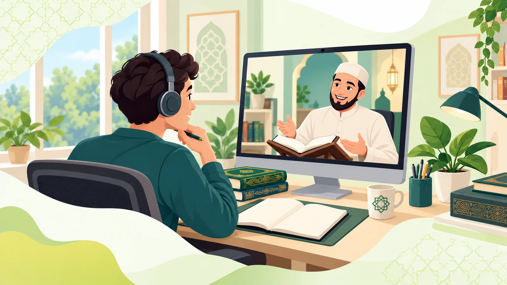 Online Quran Qirat Classes in the United States: illustration of an advanced Quran learner studying Qirat with an online specialist tutor