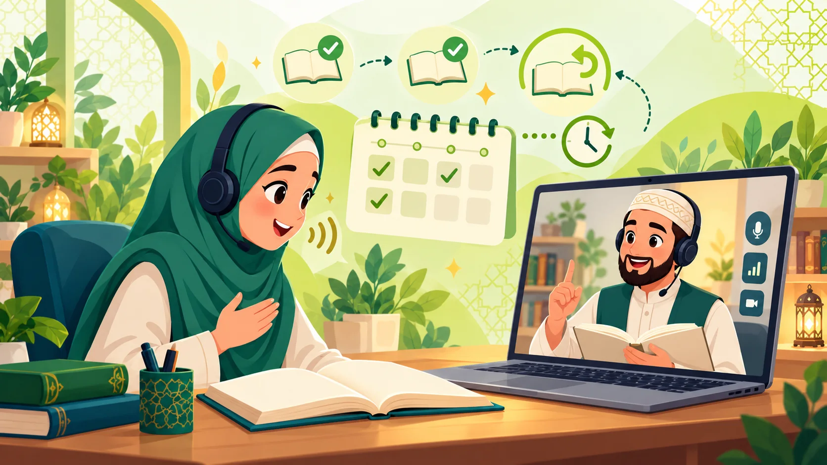 Illustration of a learner reviewing a weekly memorization plan with a tutor, open book pages blank for Quran learners in the United States