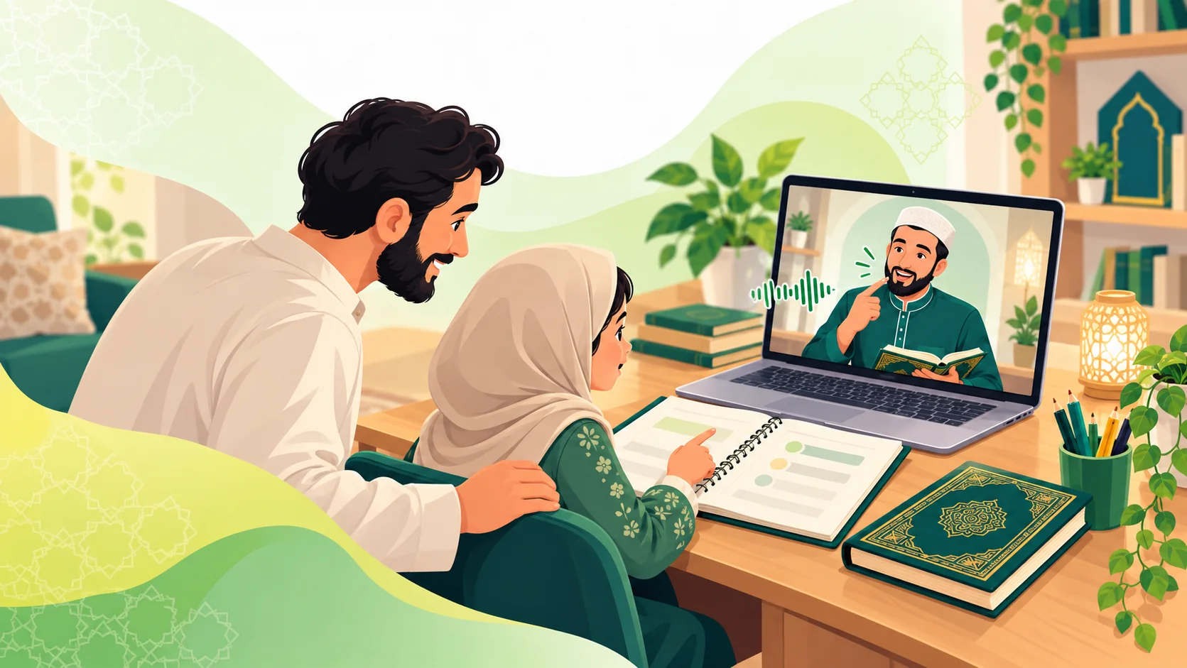 Online Quran Teaching For Kids in the United Kingdom: illustration of a child practising Quran reading with parent support and an online Quran tutor