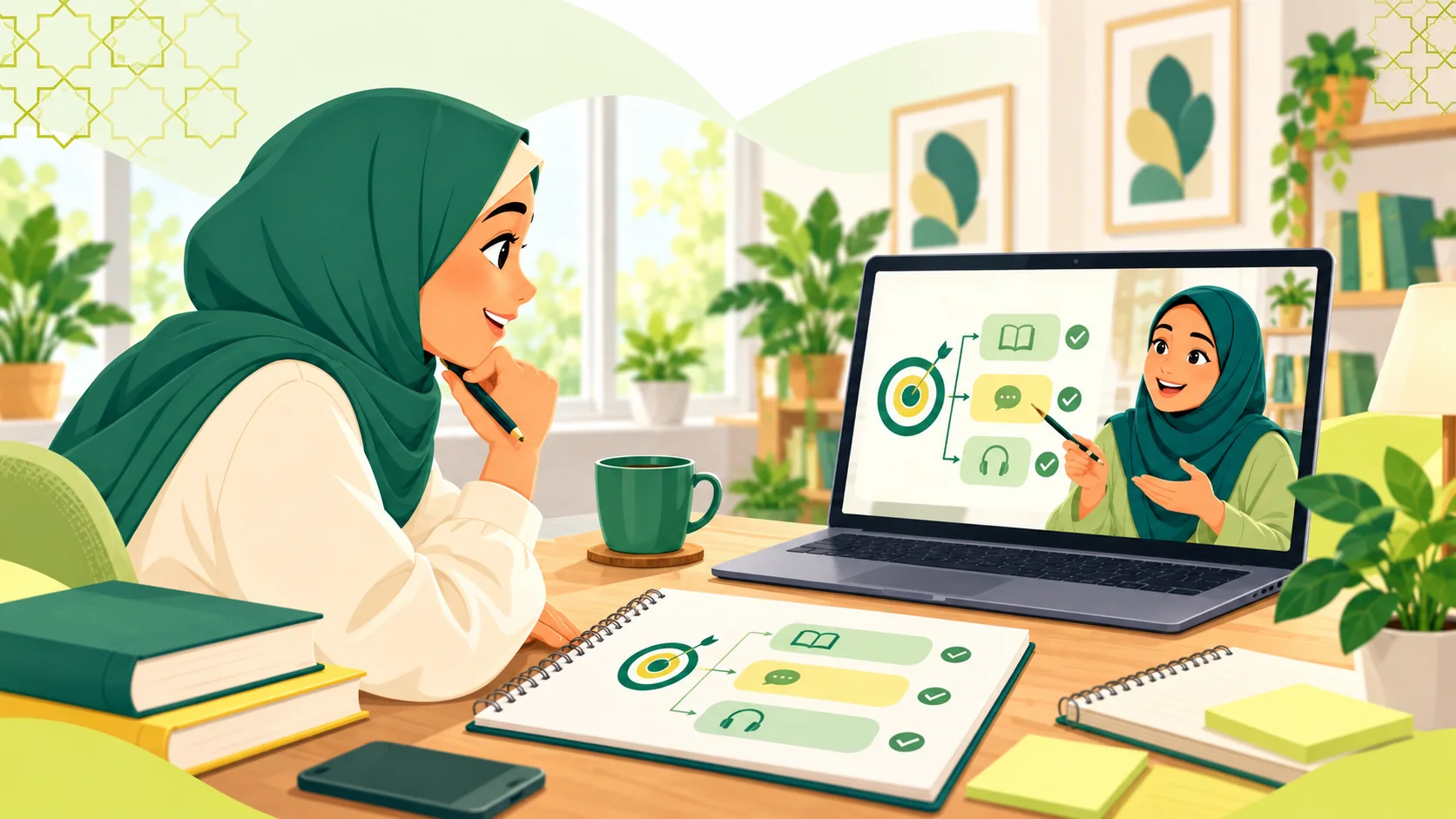 Private Arabic Classes Online in the United States: illustration of an adult learner comparing an online Arabic study plan with a live tutor