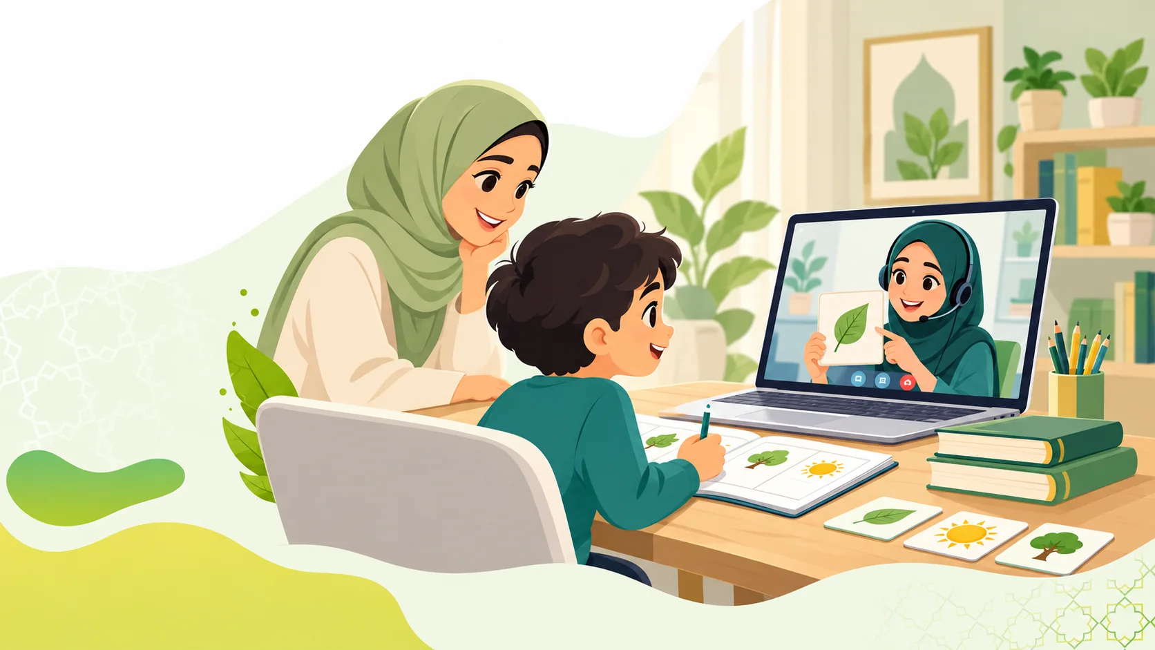 Private Arabic Tutor For Kids in the United Kingdom: illustration of a child learning Arabic with an age-appropriate activity, parent support and an online tutor