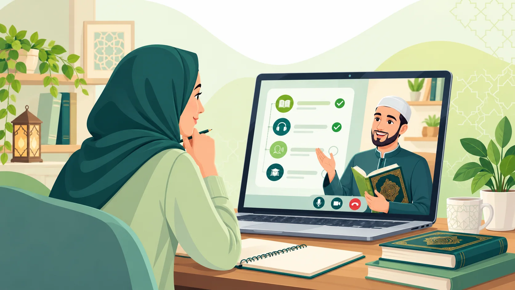 Private Quran Tutor Online in the United Kingdom: illustration of a learner and tutor discussing the right online Quran course and next learning step