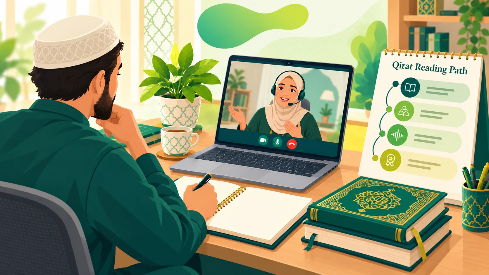 Qirat Course Online in the United States: illustration of an advanced Quran learner studying Qirat with an online specialist tutor