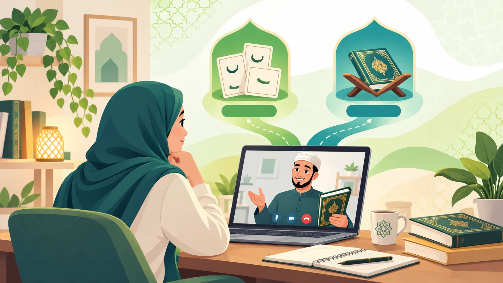 Quran Classes For Beginners in the United Kingdom: illustration of a learner building Quran reading foundations in a guided online lesson