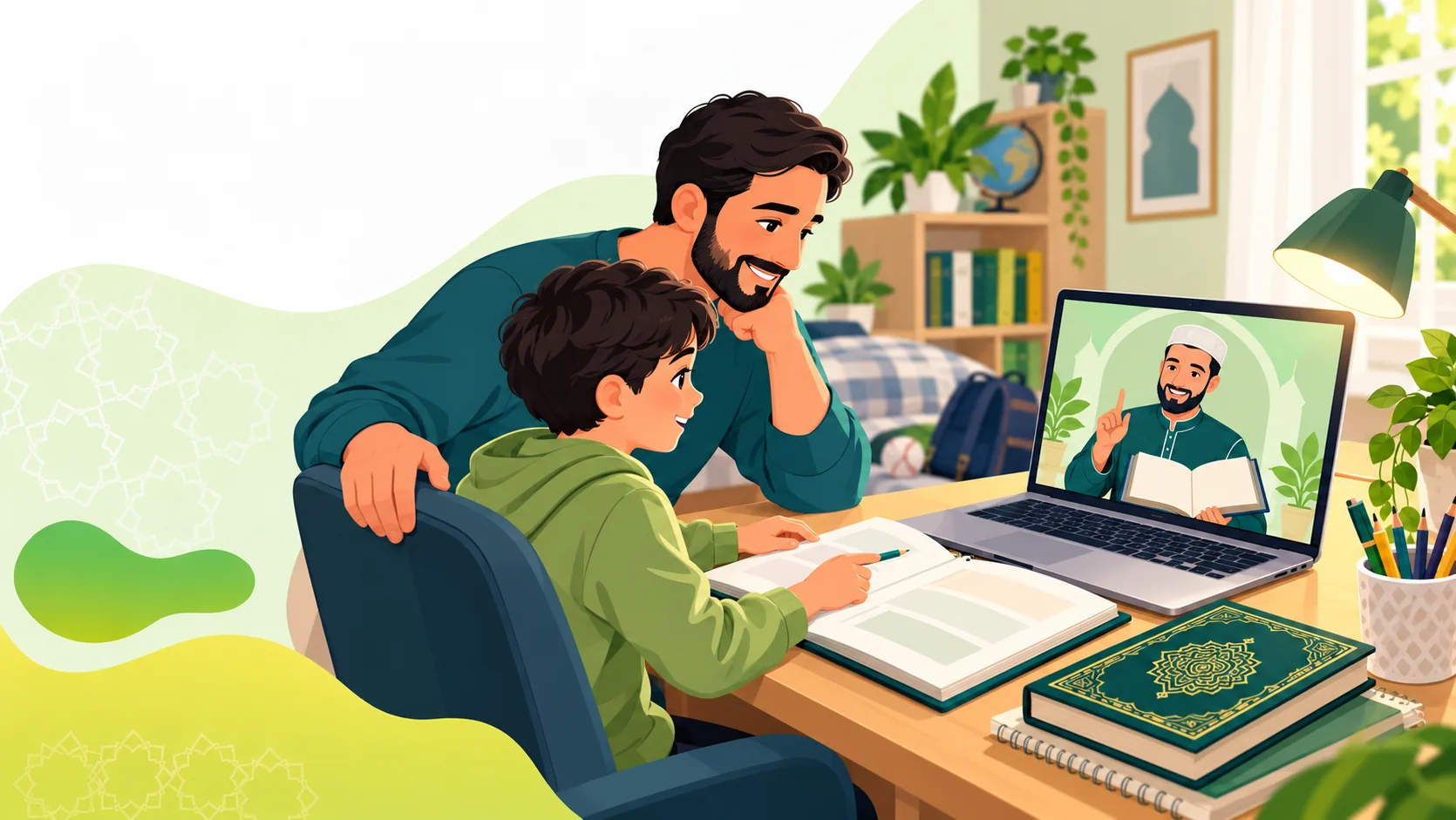 Quran Classes For Kids Online in the United States: illustration of a child practising Quran reading with parent support and an online Quran tutor