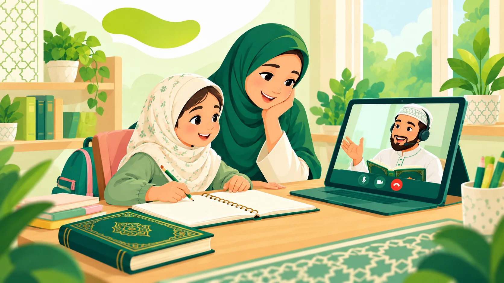 Quran Classes For Kids in the United States: illustration of a child practising Quran reading with parent support and an online Quran tutor