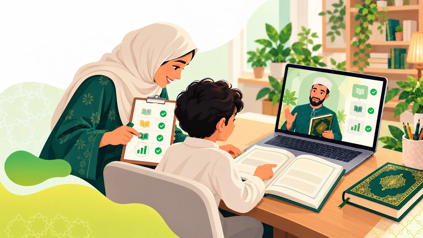 Quran Classes Online For Kids in the United States: illustration of a child practising Quran reading with parent support and an online Quran tutor