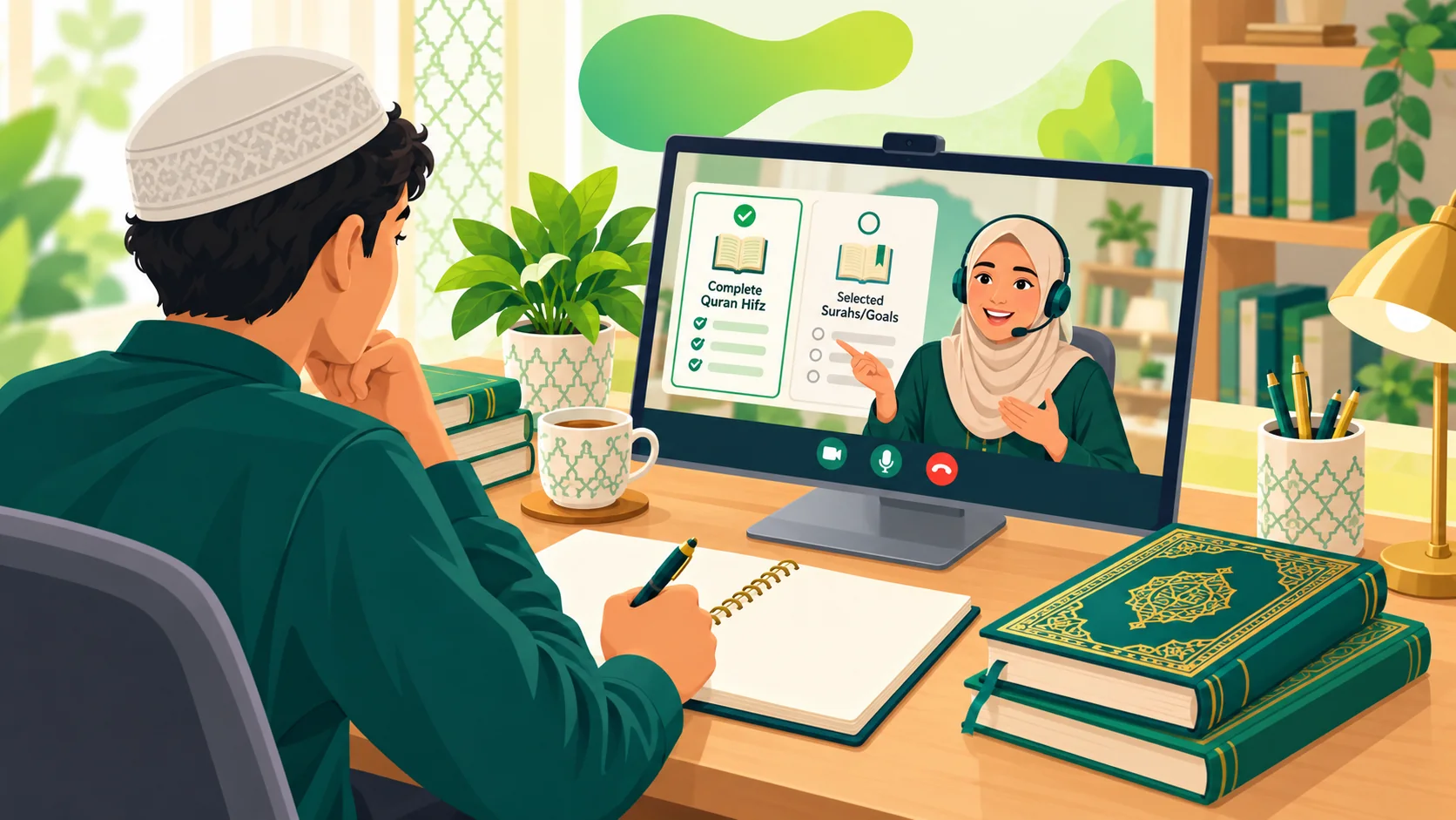 Quran Hifz Course in the United States: illustration of a learner reviewing a Quran memorization and revision plan with a tutor