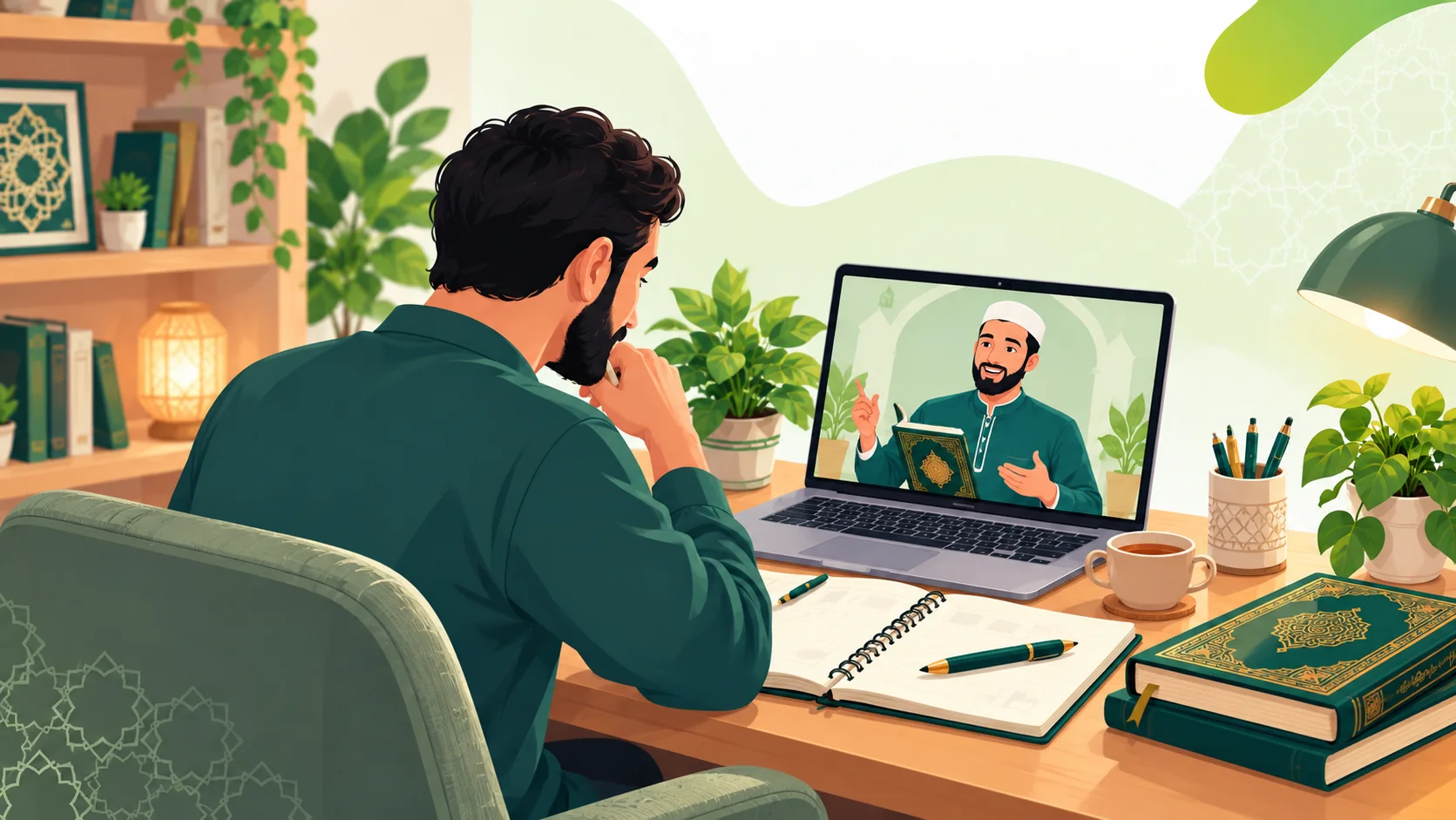 Quran Lessons For Adults Online in the United Kingdom: illustration of a learner practising Quran recitation and Tajweed with individual tutor feedback