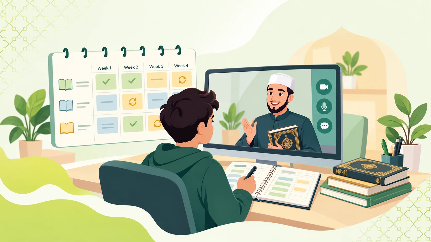 Quran Memorization Classes in the United States: illustration of a learner reviewing a Quran memorization and revision plan with a tutor