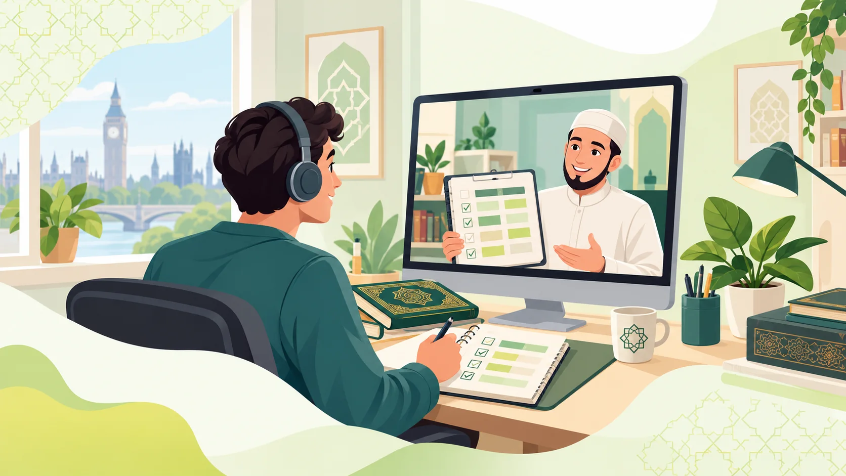Quran Memorization Course in the United Kingdom: illustration of a learner reviewing a Quran memorization and revision plan with a tutor