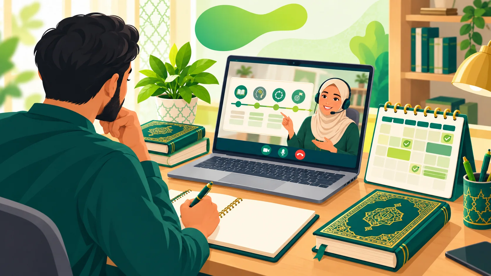 Quran Memorization Program in the United States: illustration of a learner reviewing a Quran memorization and revision plan with a tutor